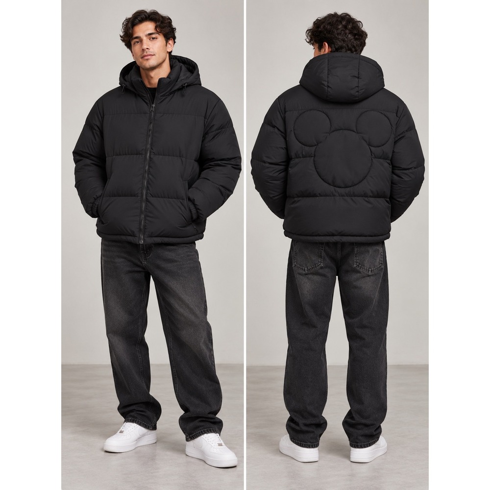 Disney Forever 21 Mickey Mouse Puffer Jacket Mens 2XL Black Hooded Quilted Coat